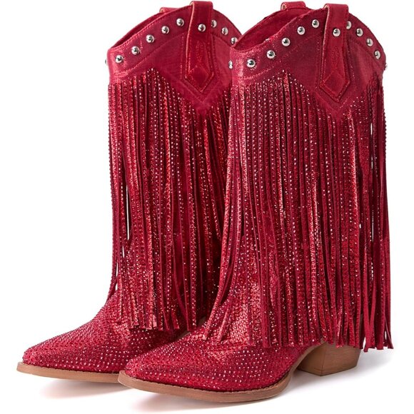 ⚡Women's Red Pointed toe Thick Heel Ankle Boots Ladies Crystal Embroider - Picture 4 of 6